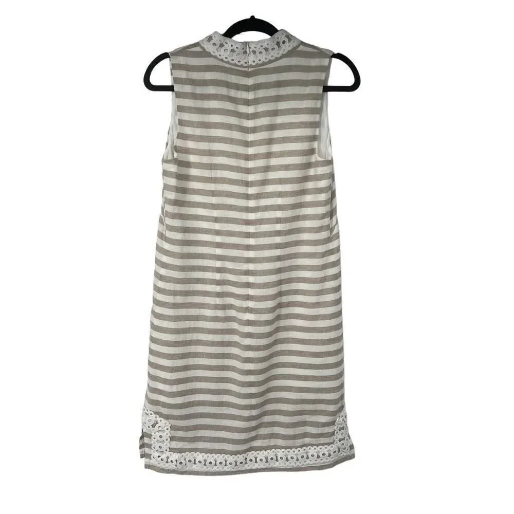 Eliza J Tan White Striped Detailed Hem Linen Cotton Blend Shift Dress Sz 6 Women - Picture 2 of 8
